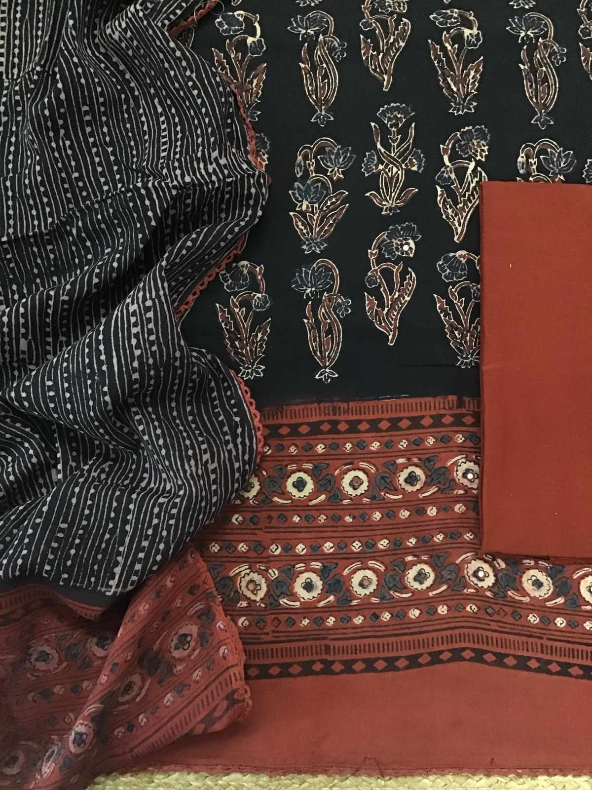 Pure Cotton Printed Embroidered Suit - Black