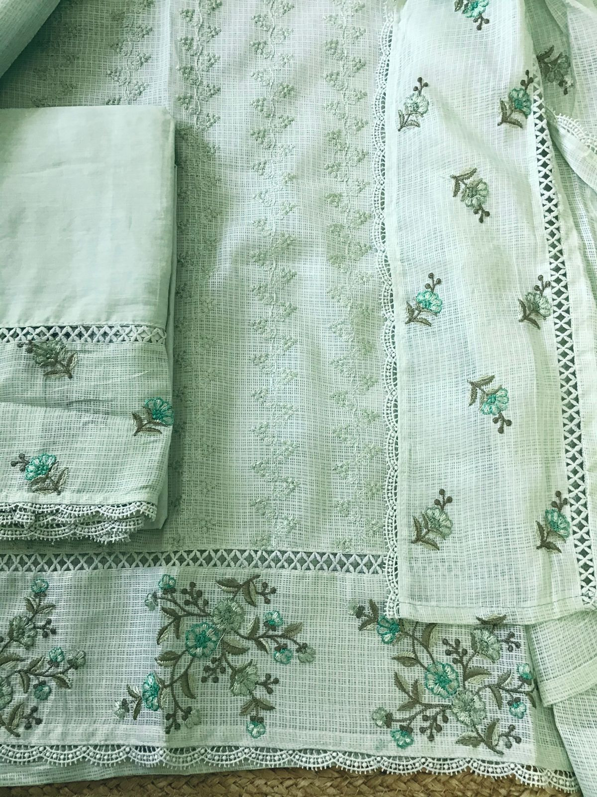 Soft Kota Silk Embroidered Suit - Green