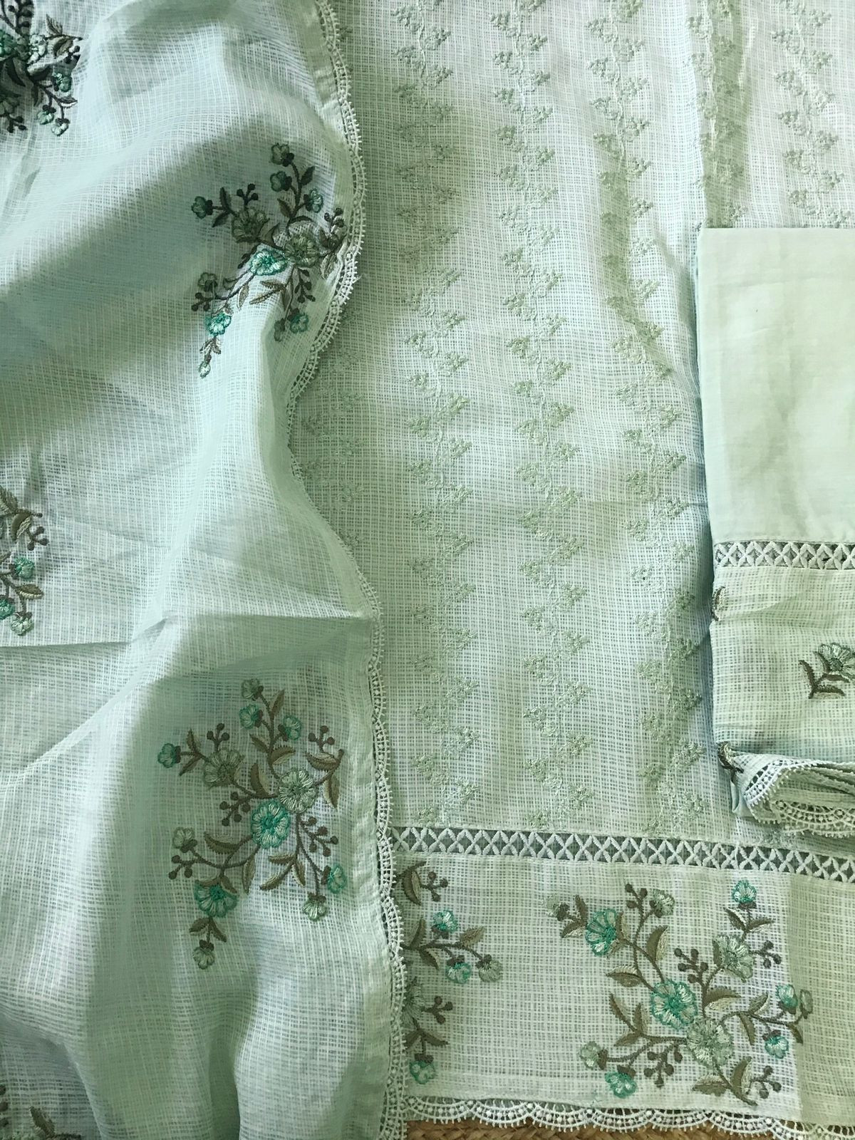 Soft Kota Silk Embroidered Suit - Green