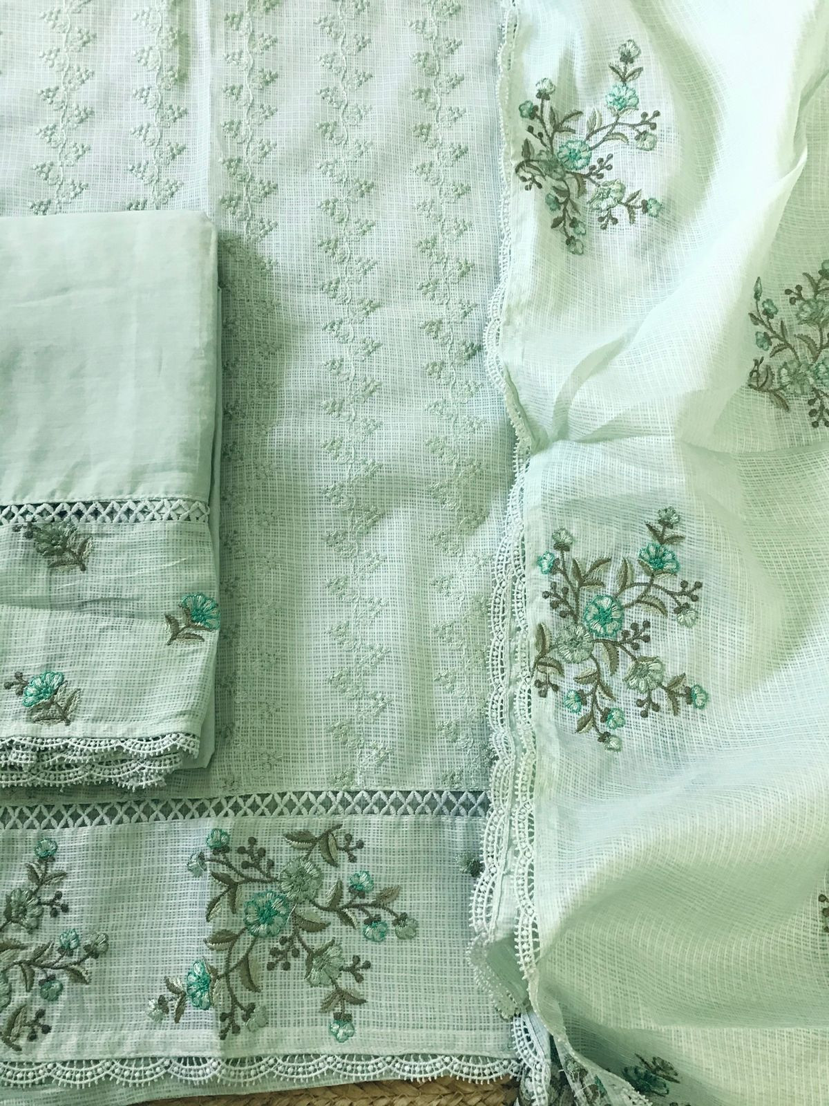 Soft Kota Silk Embroidered Suit - Green