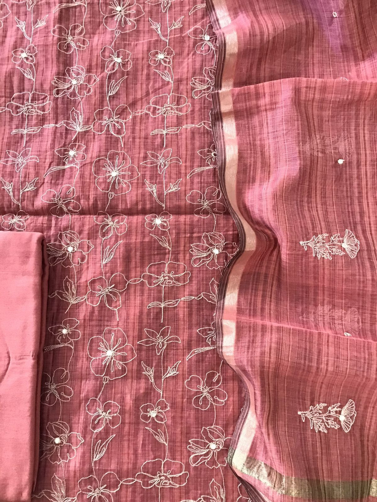 Soft Slub Chanderi Embroidered Suit - Dark Coral Pink