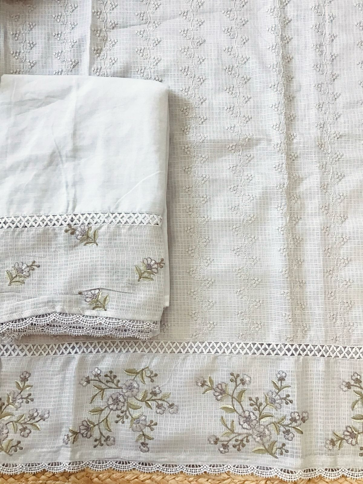 Soft Kota Silk Embroidered Suit - Beigish Grey