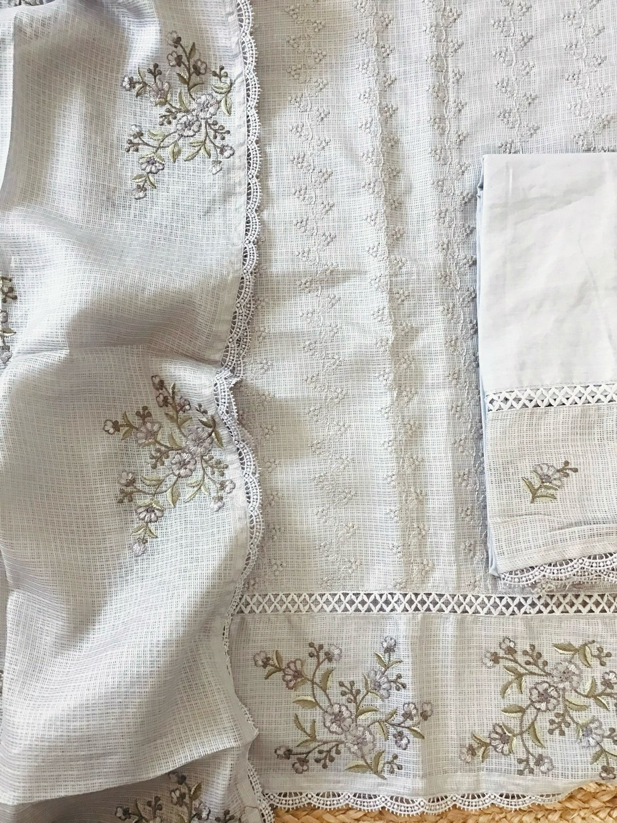 Soft Kota Silk Embroidered Suit - Beigish Grey