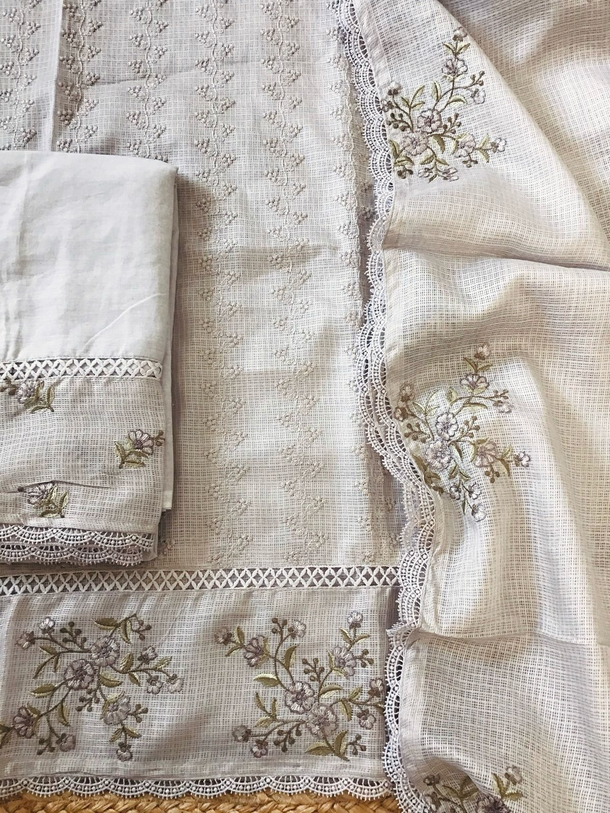 Soft Kota Silk Embroidered Suit - Beigish Grey