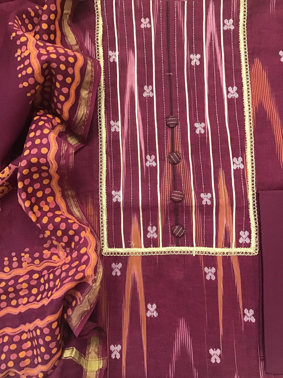Pure Fine Ikkat Cotton Self Weaved Embroidered Suit - Wine