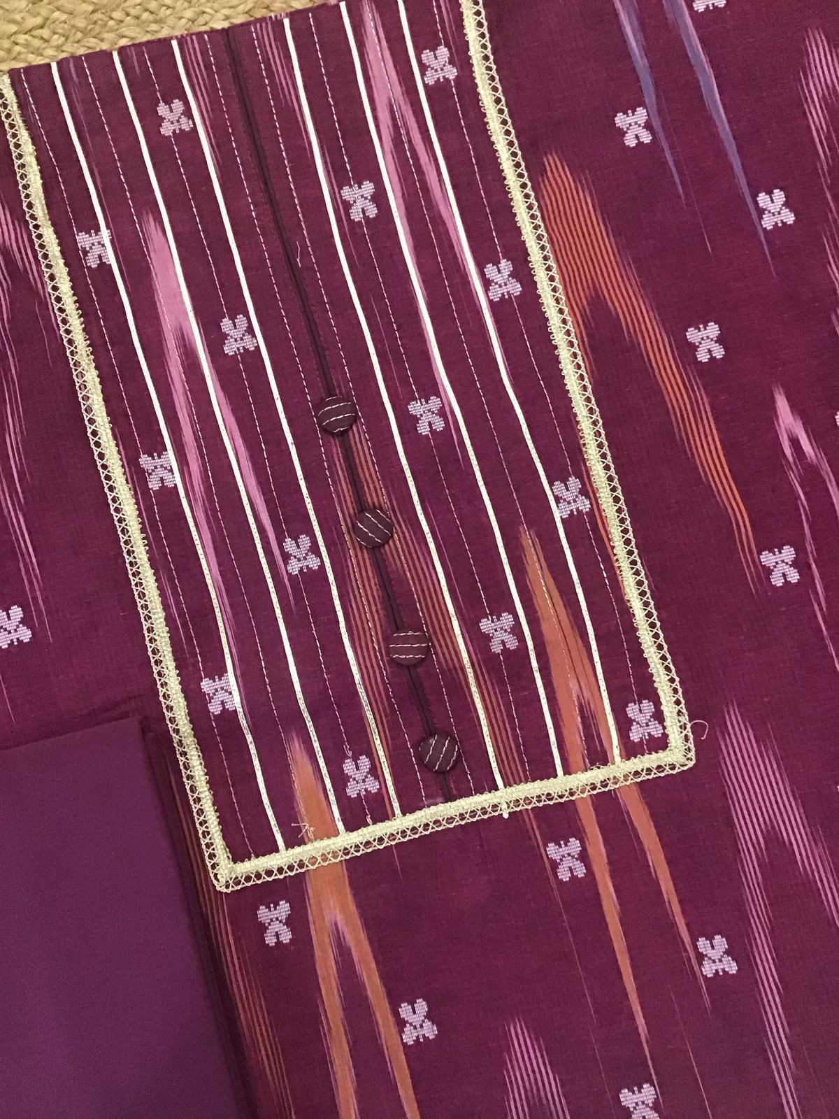 Pure Fine Ikkat Cotton Self Weaved Embroidered Suit - Wine