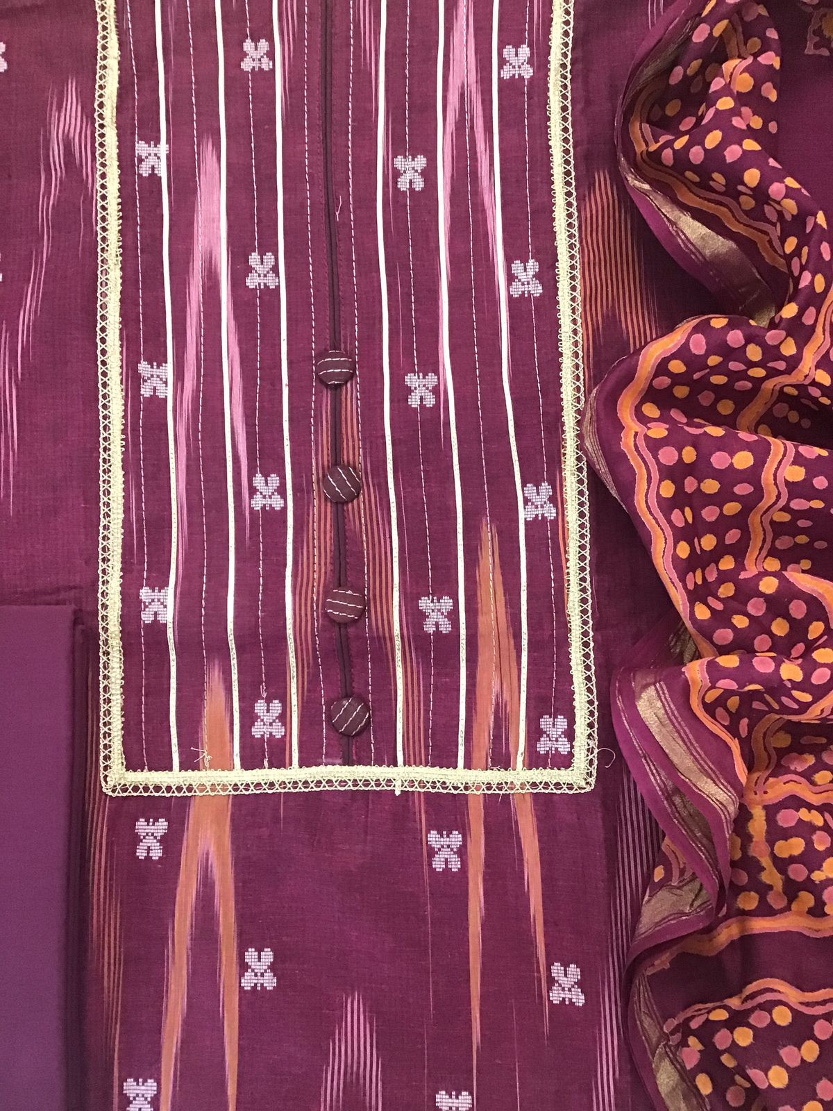 Pure Fine Ikkat Cotton Self Weaved Embroidered Suit - Wine