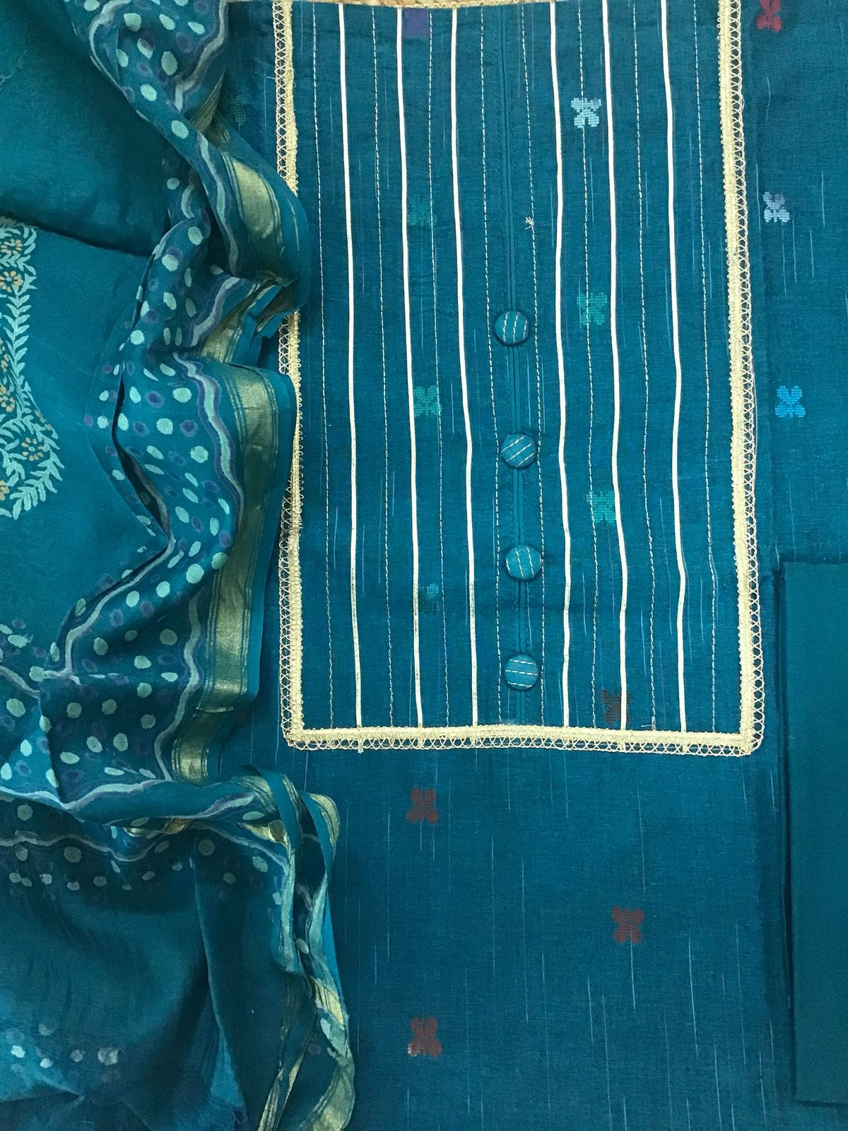 Pure Fine Ikkat Cotton Self Weaved Embroidered Suit - Blue