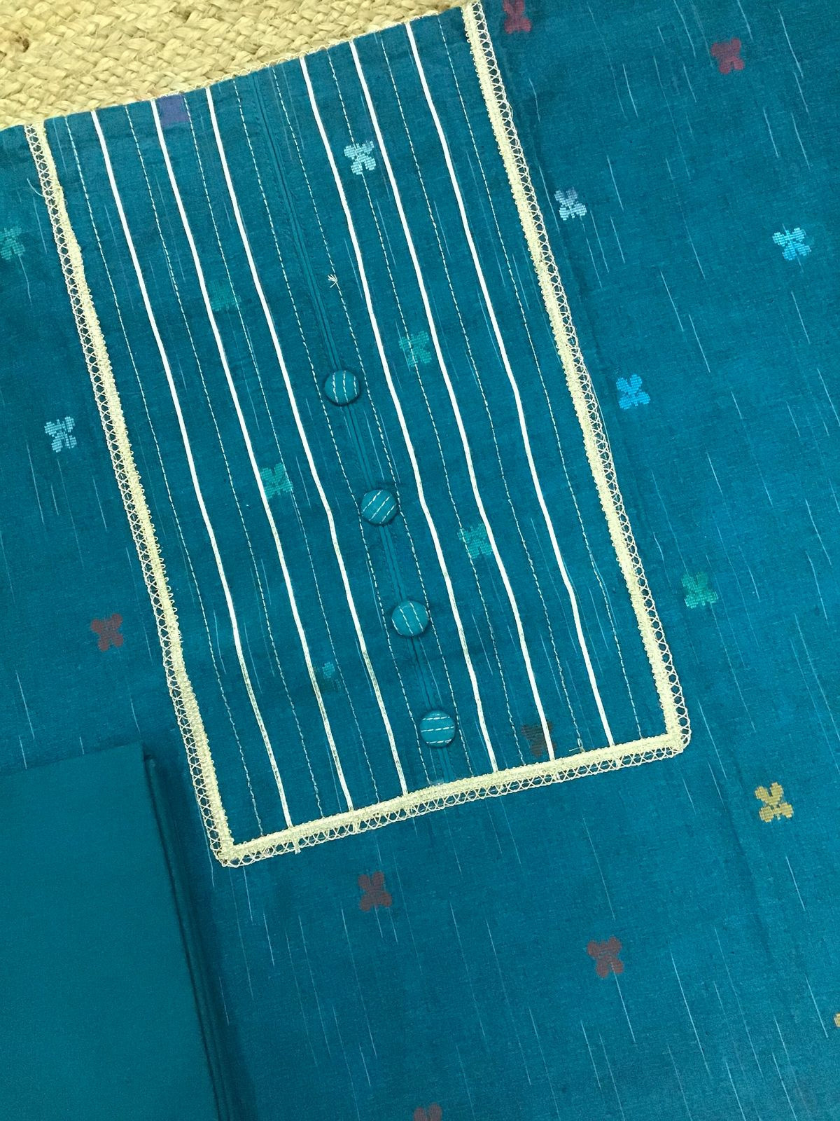 Pure Fine Ikkat Cotton Self Weaved Embroidered Suit - Blue