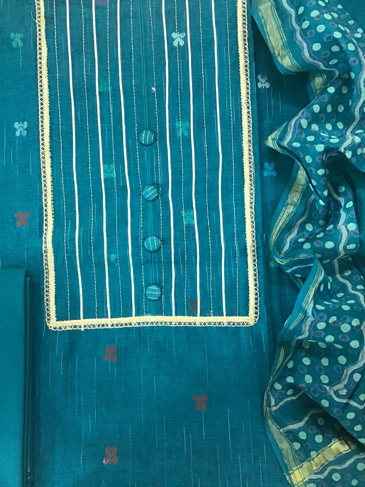Pure Fine Ikkat Cotton Self Weaved Embroidered Suit - Blue