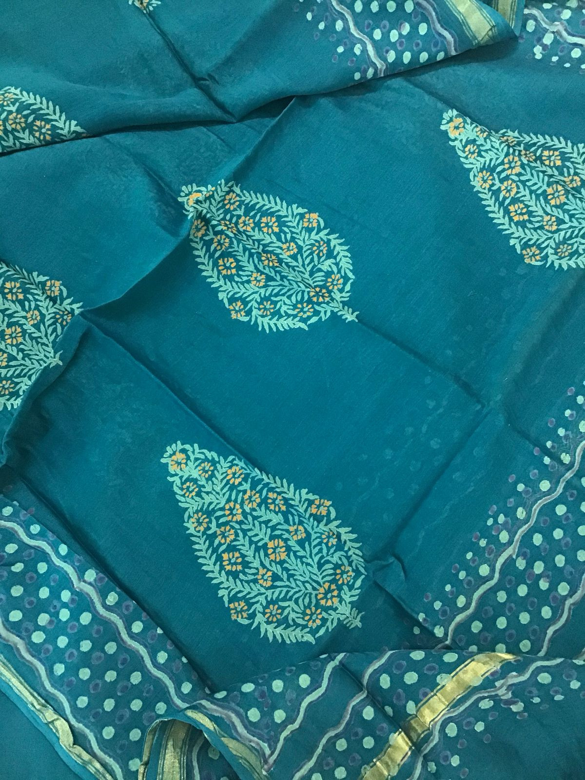 Pure Fine Ikkat Cotton Self Weaved Embroidered Suit - Blue