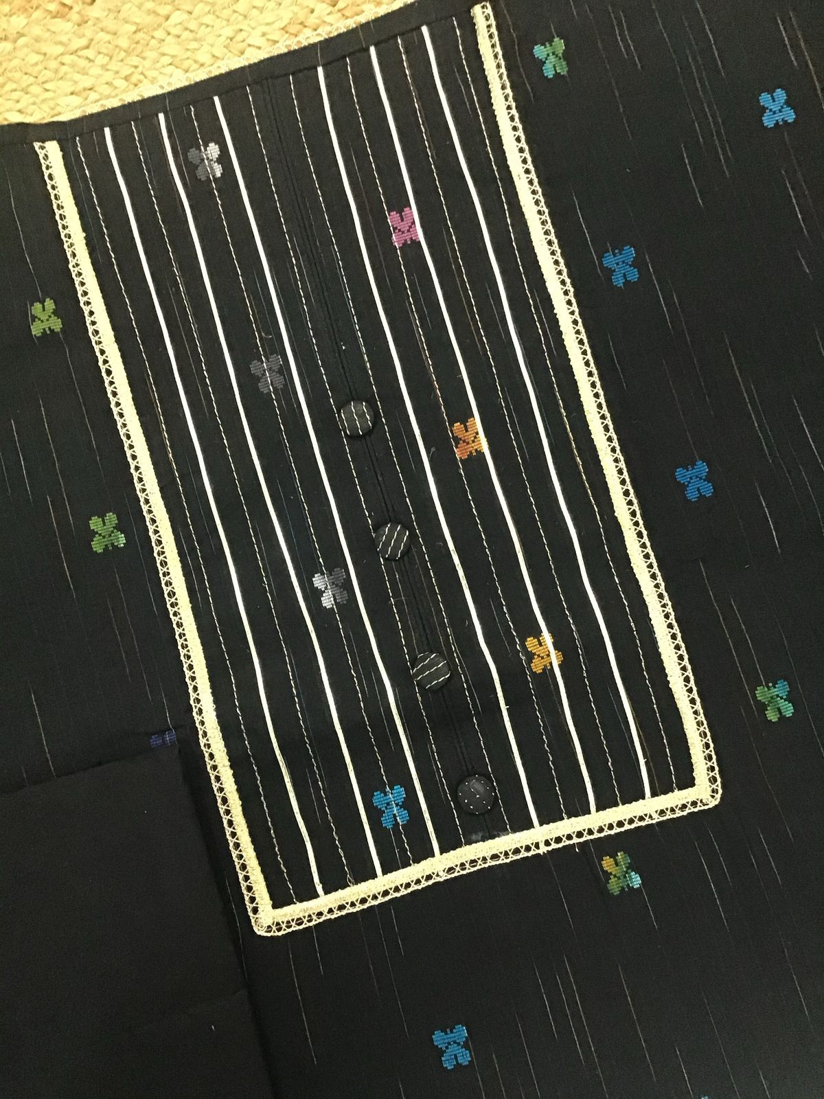 Pure Fine Ikkat Cotton Self Weaved Embroidered Suit - Black