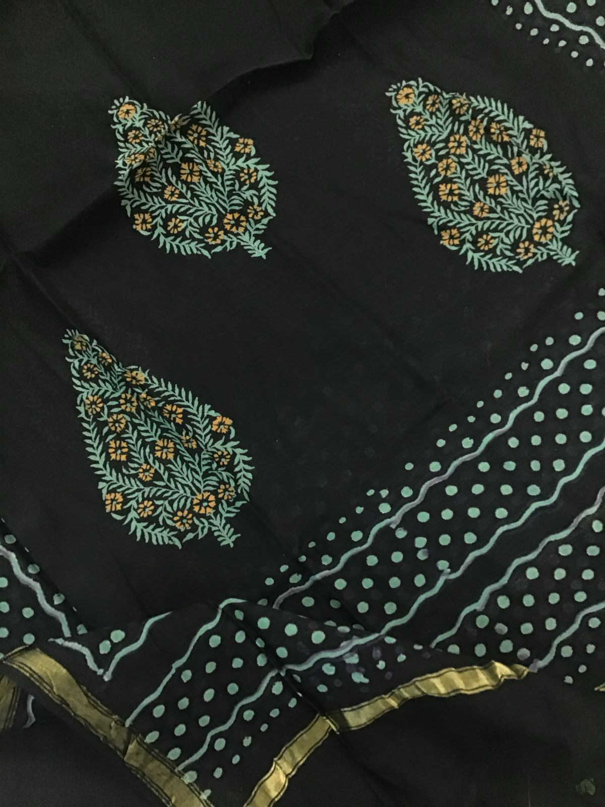 Pure Fine Ikkat Cotton Self Weaved Embroidered Suit - Black
