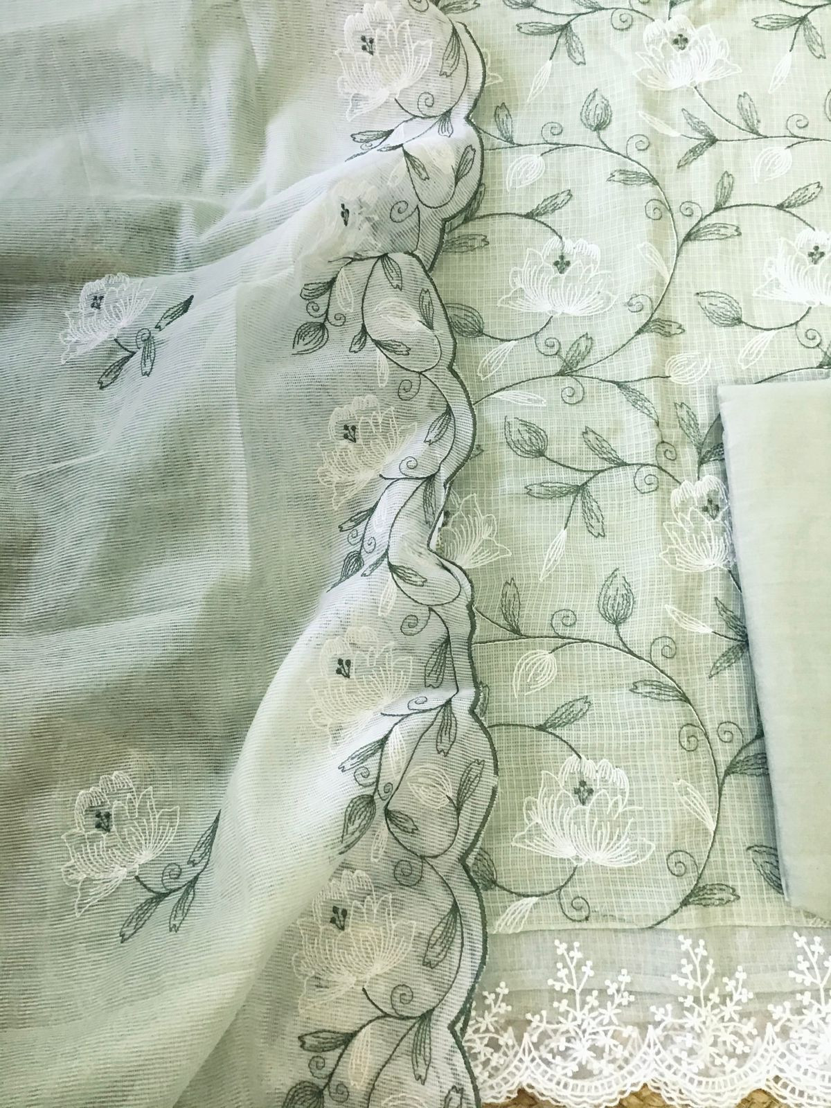 Soft Kota Silk Embroidered Suit - Green