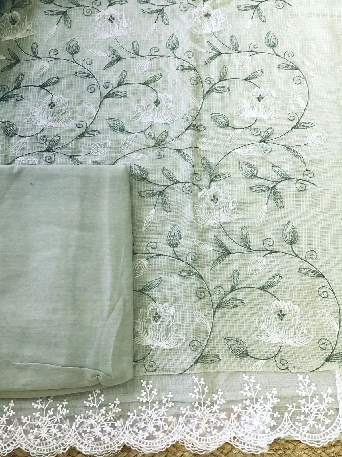 Soft Kota Silk Embroidered Suit - Green