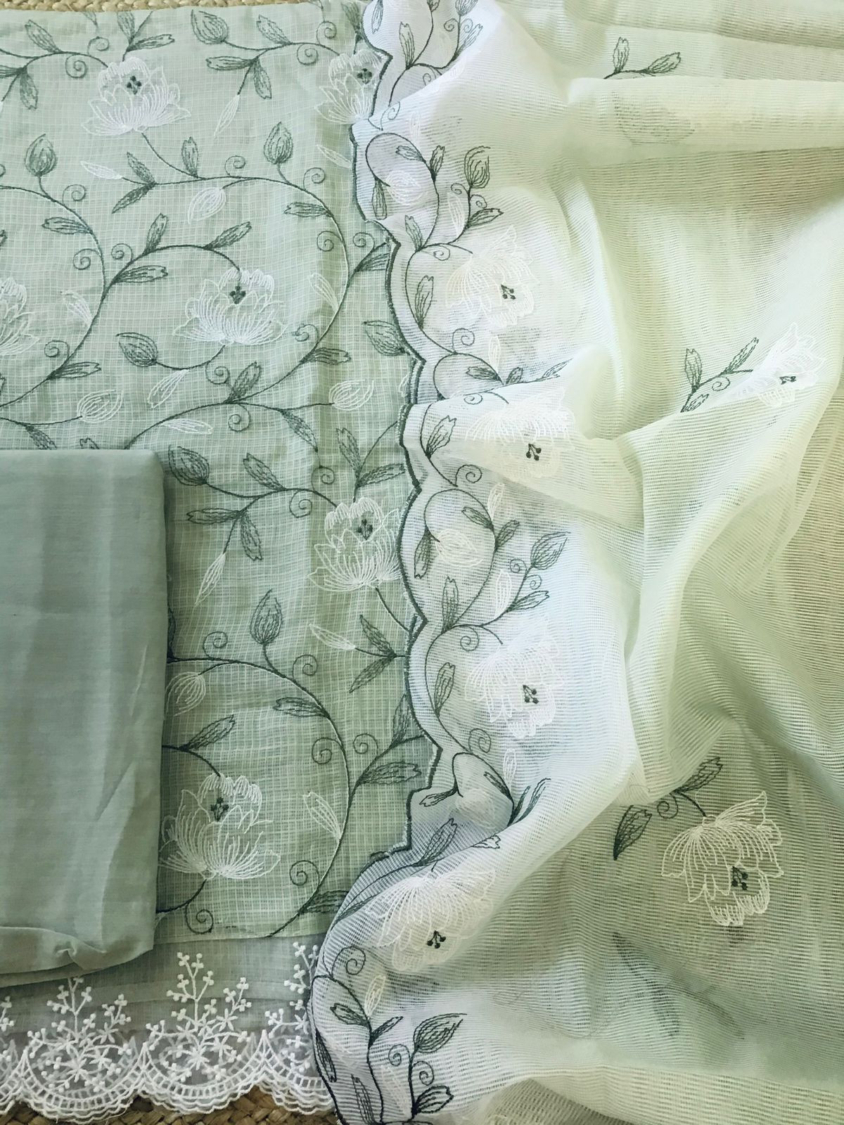 Soft Kota Silk Embroidered Suit - Green