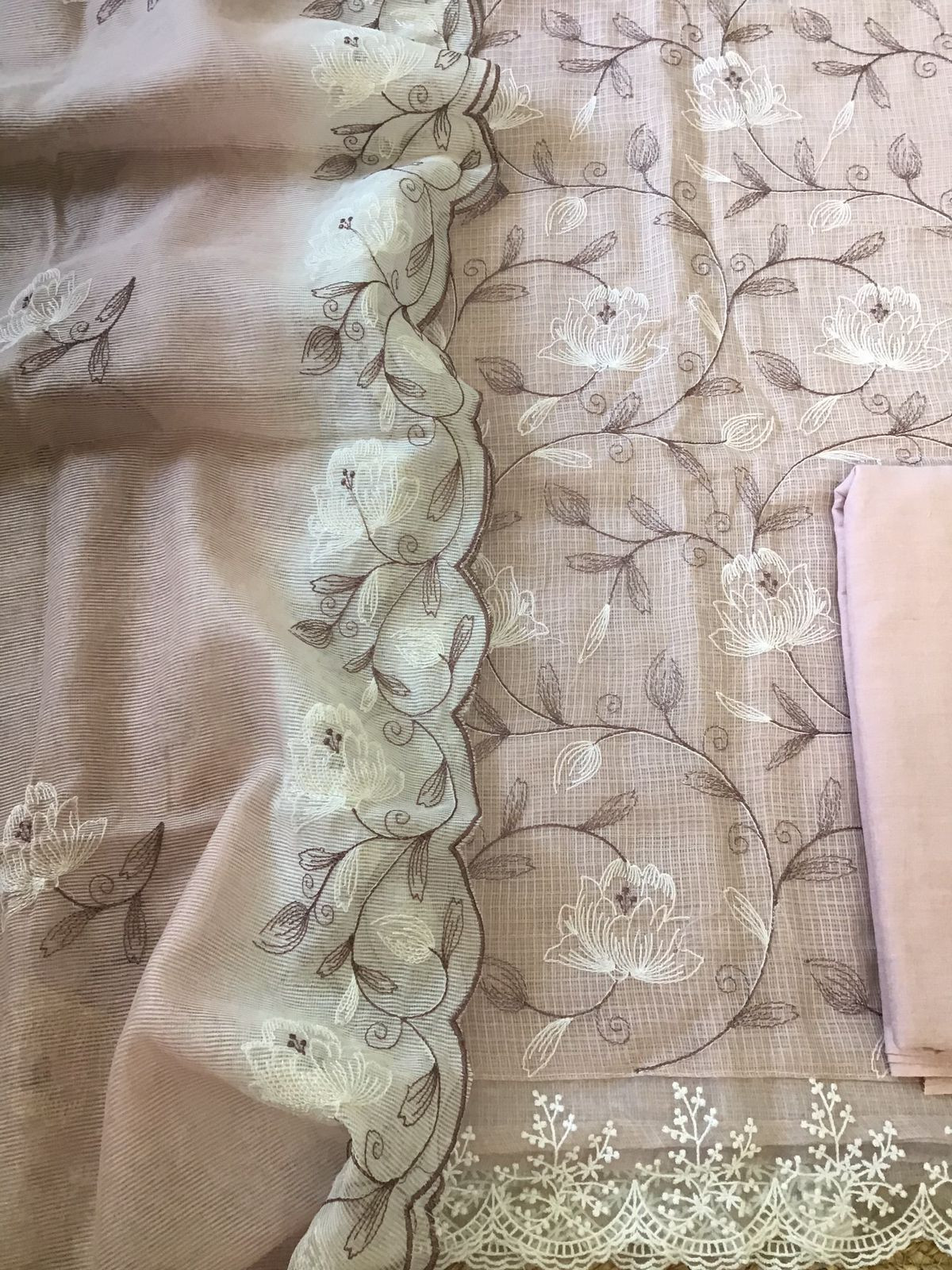 Soft Kota Silk Embroidered Suit - Light Onion Pink