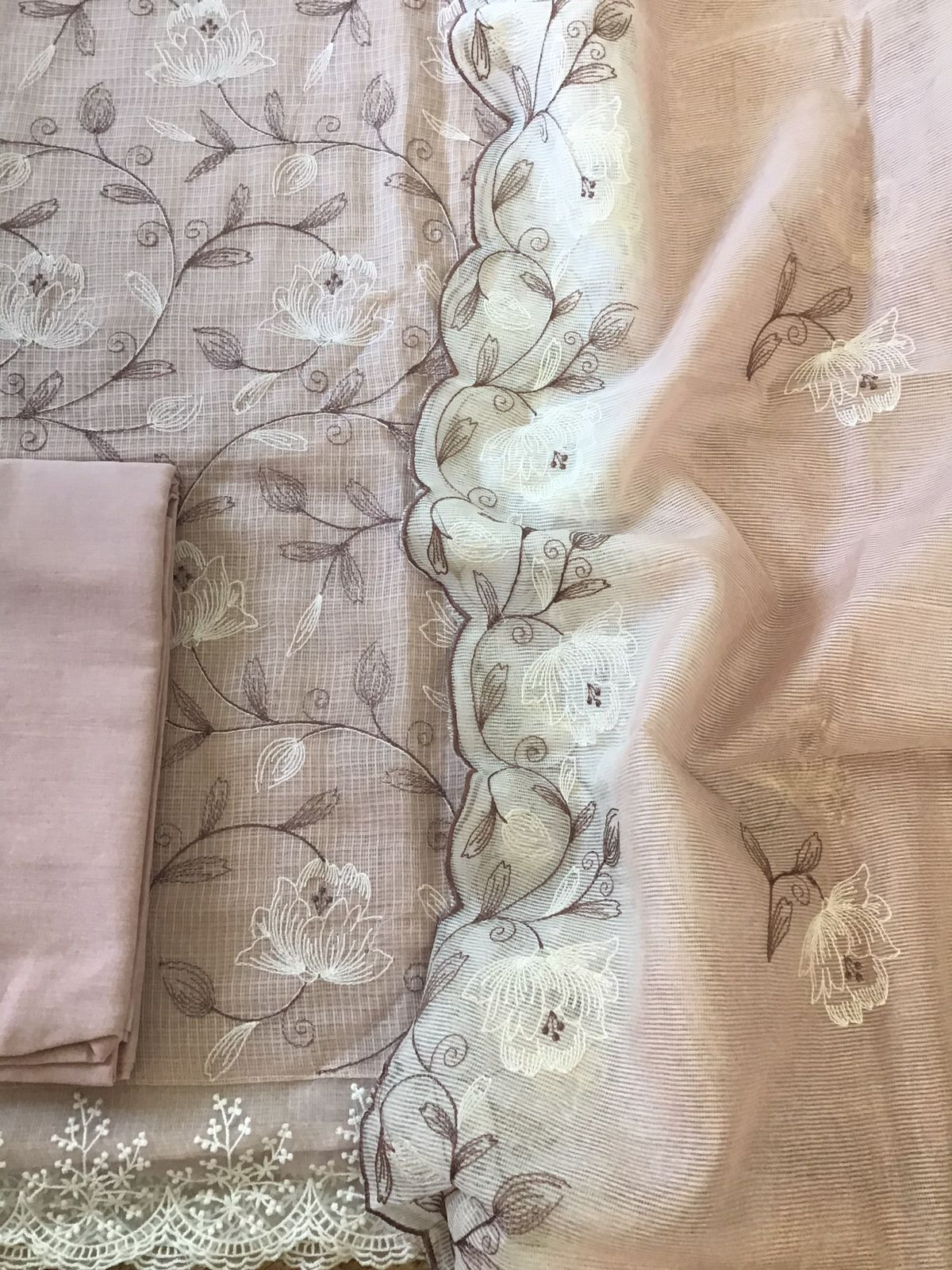 Soft Kota Silk Embroidered Suit - Light Onion Pink