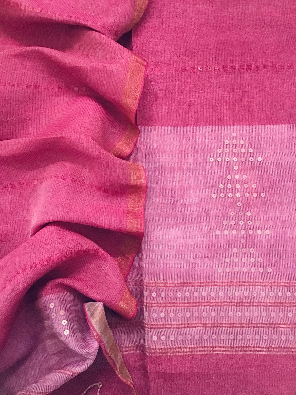 Soft Linen Silk Self Weaved Embroidered Kurta Dupatta Set - Pink