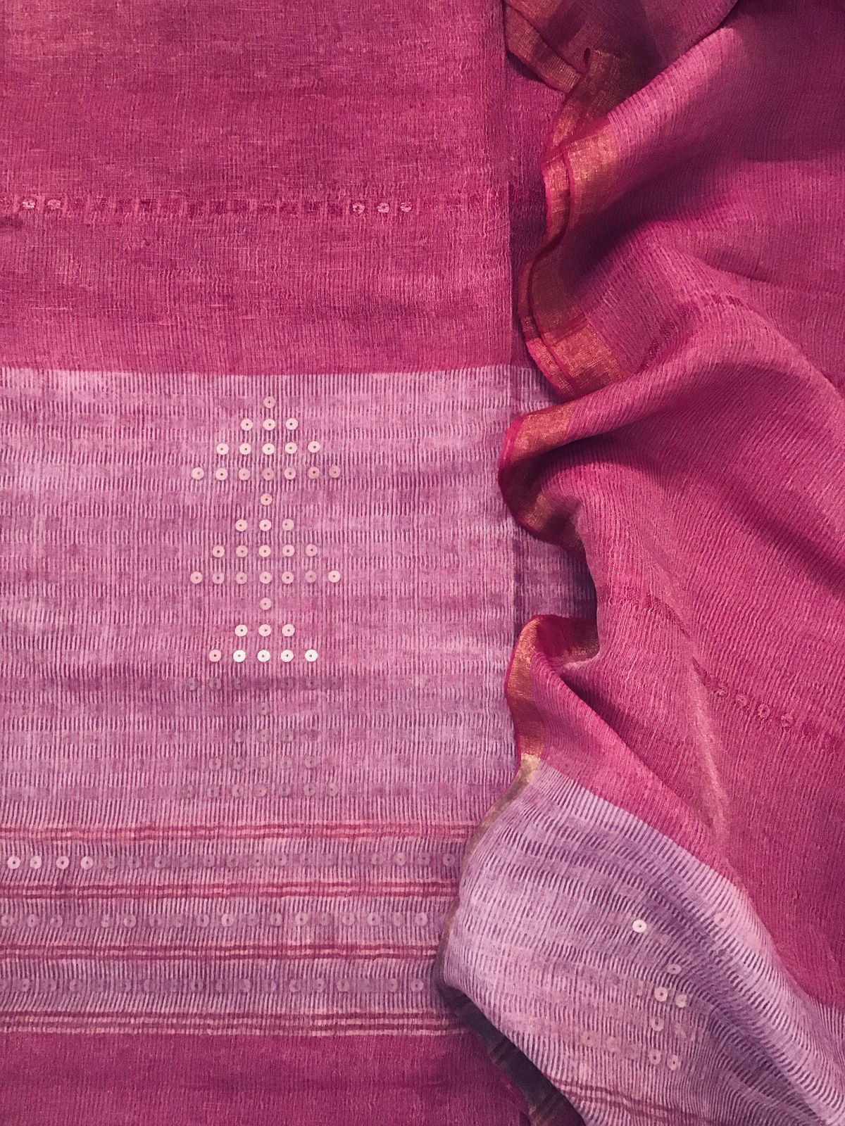 Soft Linen Silk Self Weaved Embroidered Kurta Dupatta Set - Pink