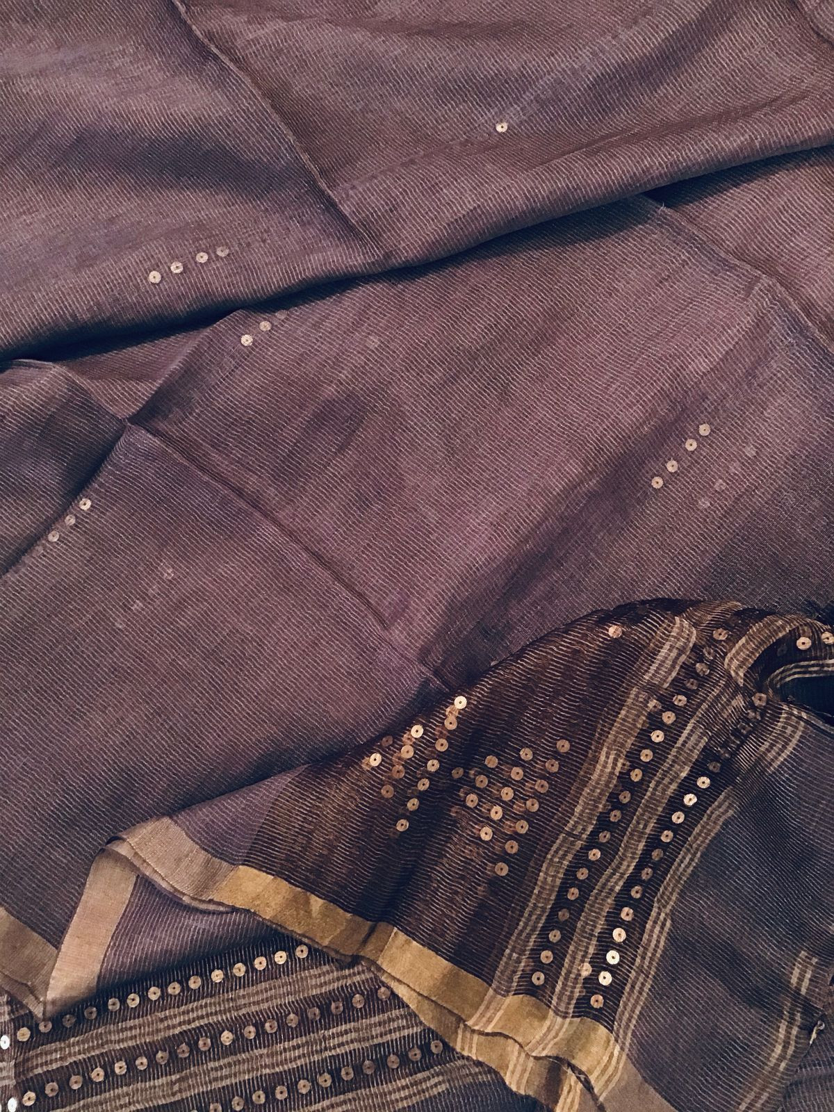 Soft Linen Silk Self Weaved Embroidered Kurta Dupatta Set - Brown