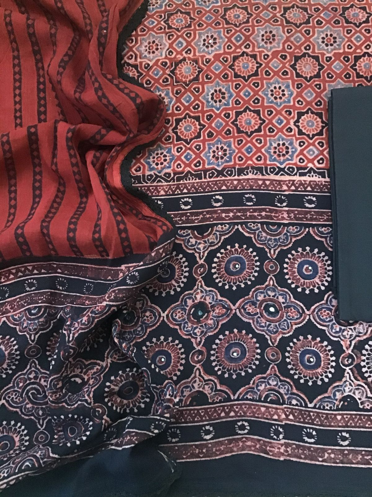 Pure Cotton Printed Embroidered Suit - Brick Red