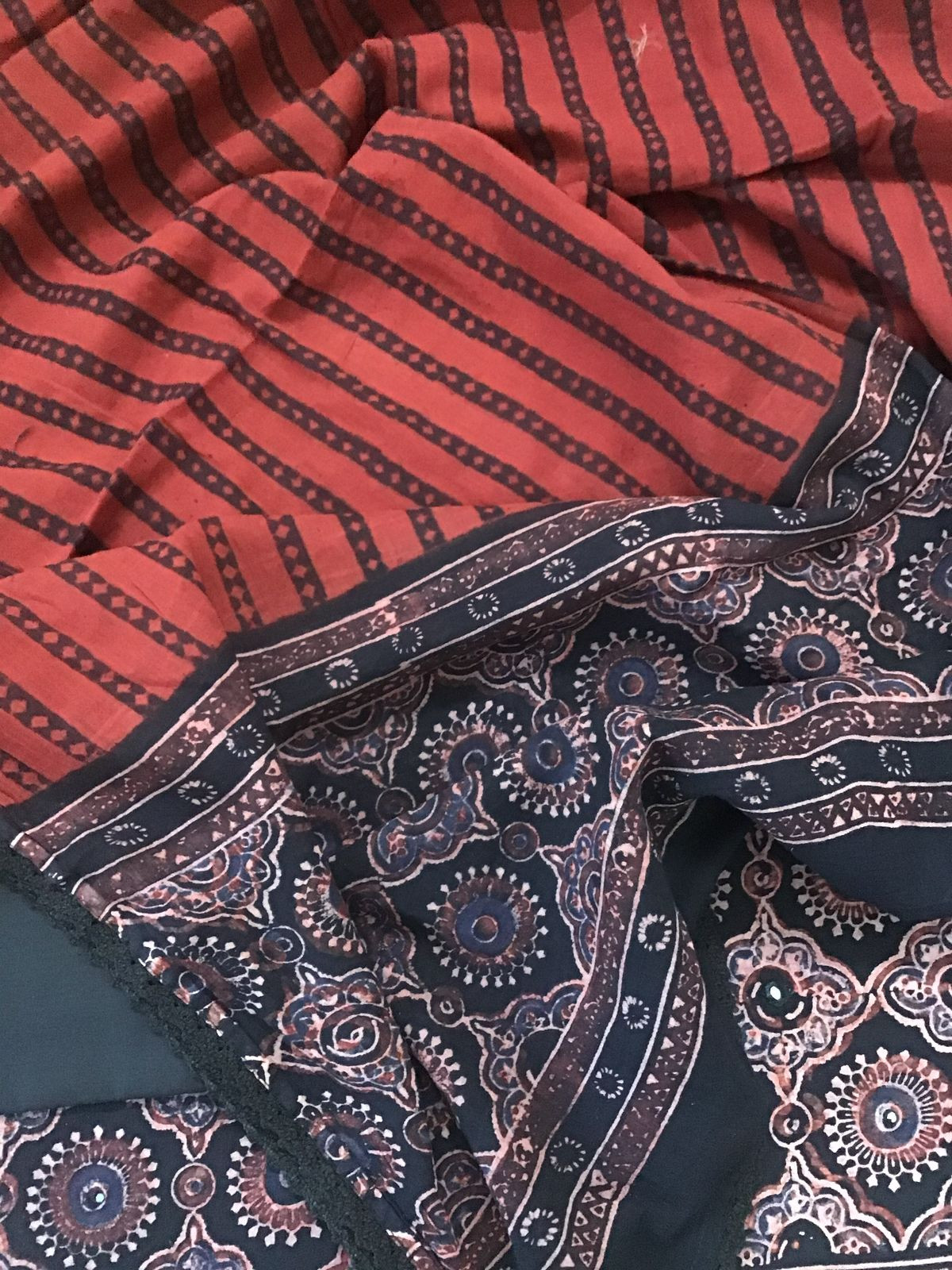 Pure Cotton Printed Embroidered Suit - Brick Red