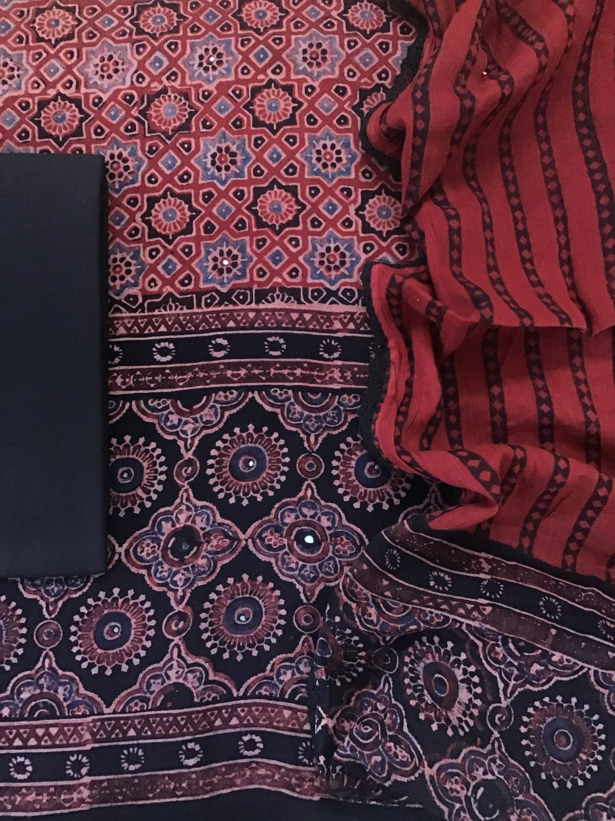 Pure Cotton Printed Embroidered Suit - Brick Red