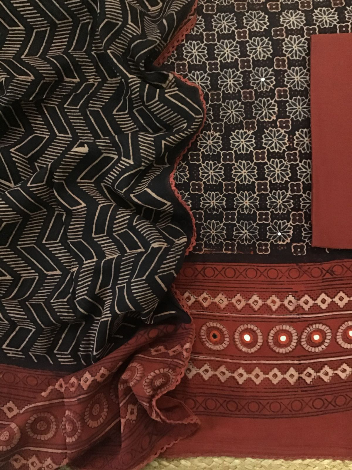 Pure Cotton Printed Embroidered Suit - Black