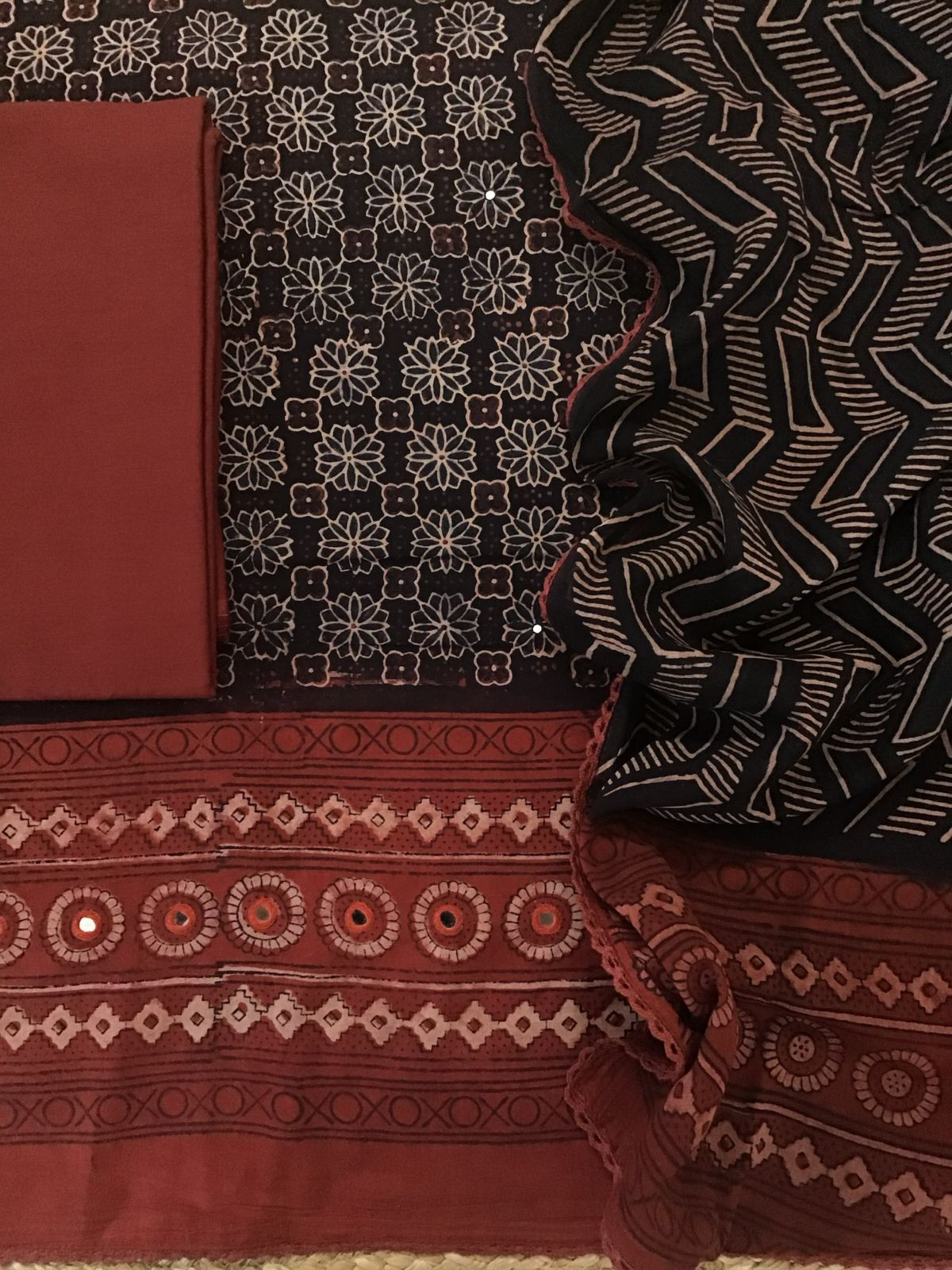 Pure Cotton Printed Embroidered Suit - Black