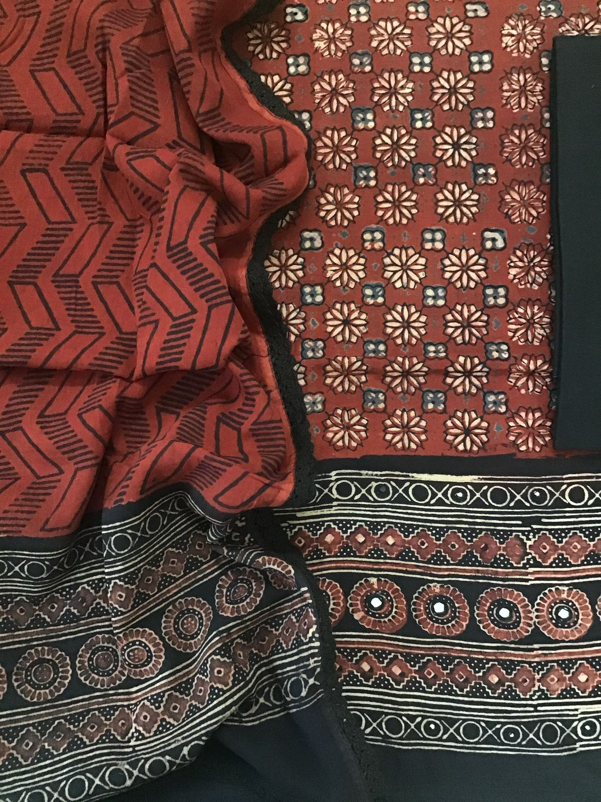 Pure Cotton Printed Embroidered Suit - Brick Red