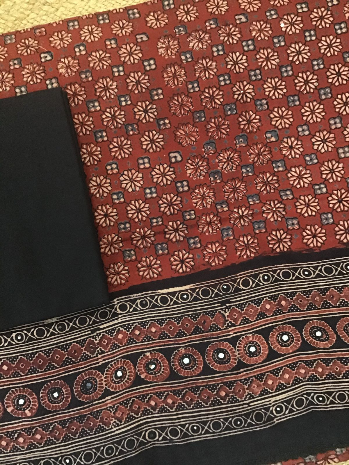 Pure Cotton Printed Embroidered Suit - Brick Red