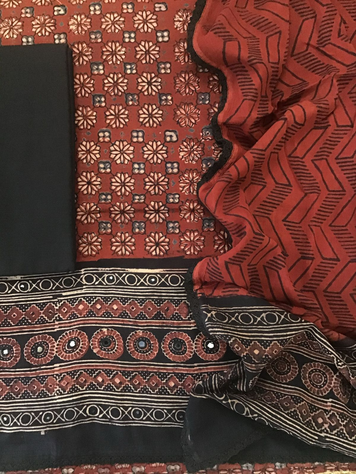 Pure Cotton Printed Embroidered Suit - Brick Red