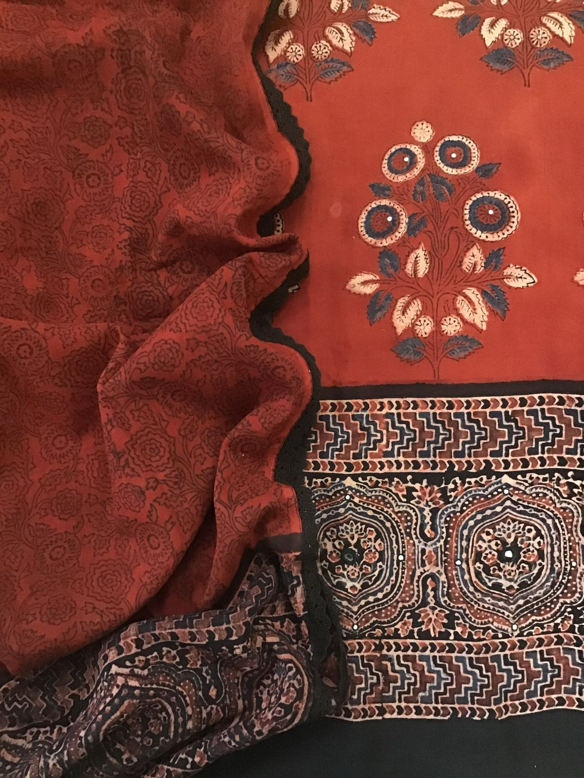 Pure Cotton Printed Embroidered Suit - Brick Red