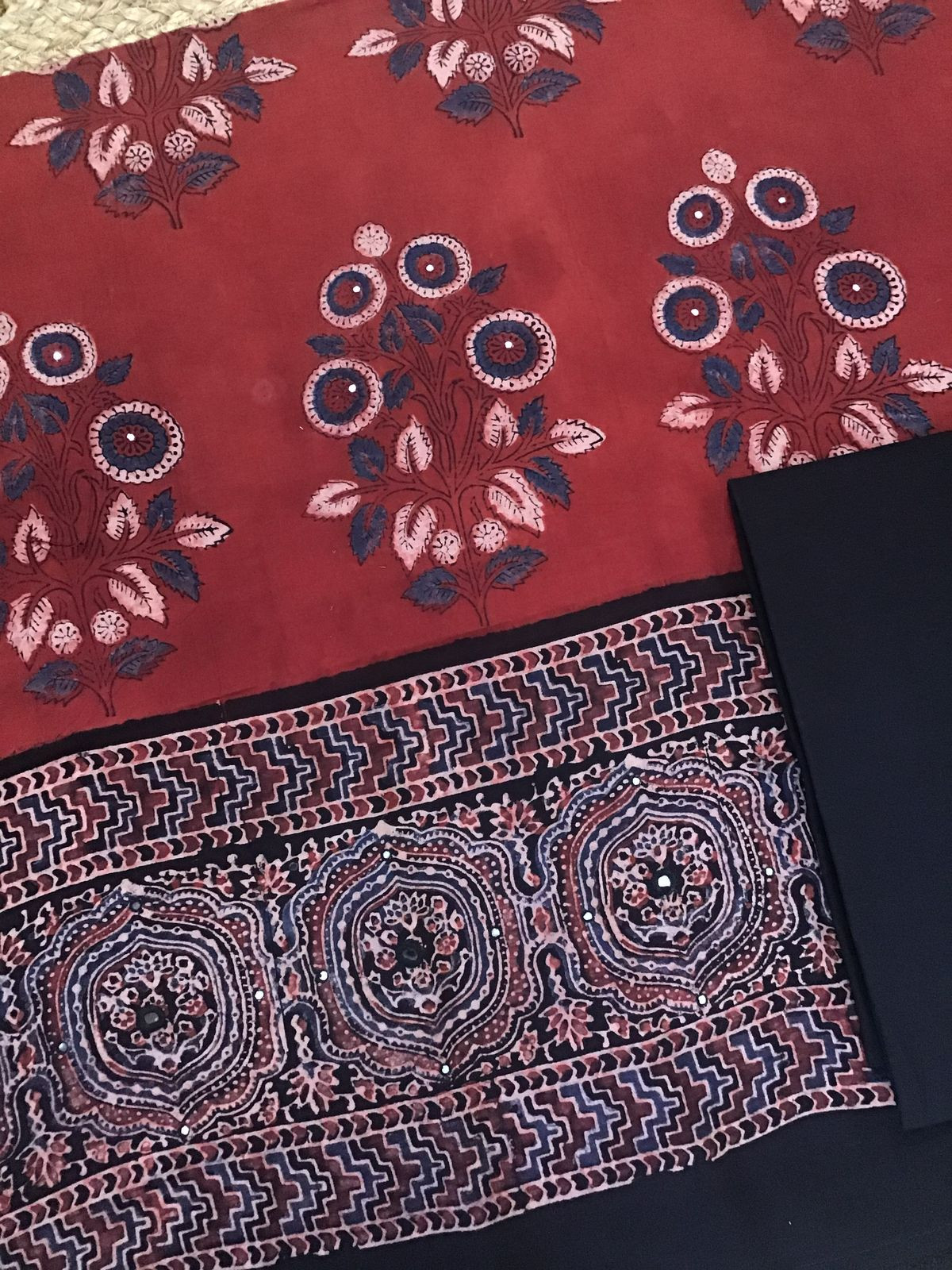 Pure Cotton Printed Embroidered Suit - Brick Red