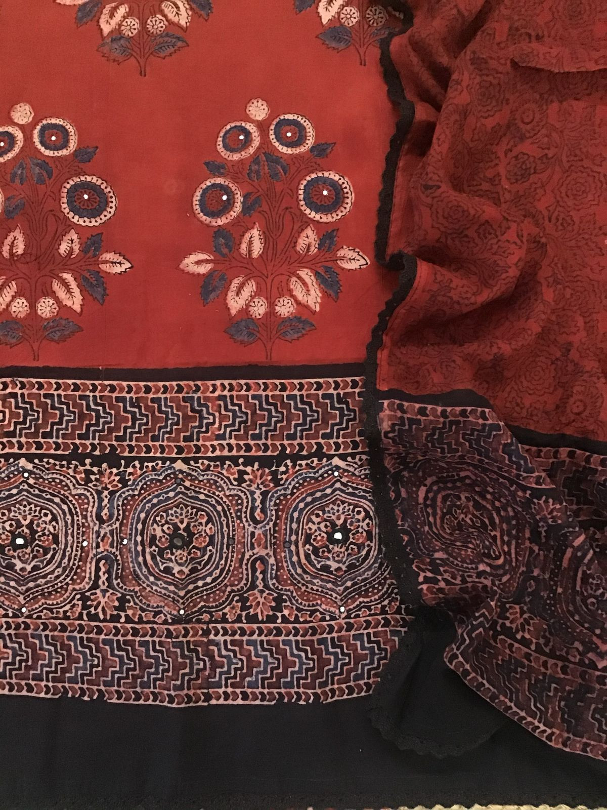 Pure Cotton Printed Embroidered Suit - Brick Red