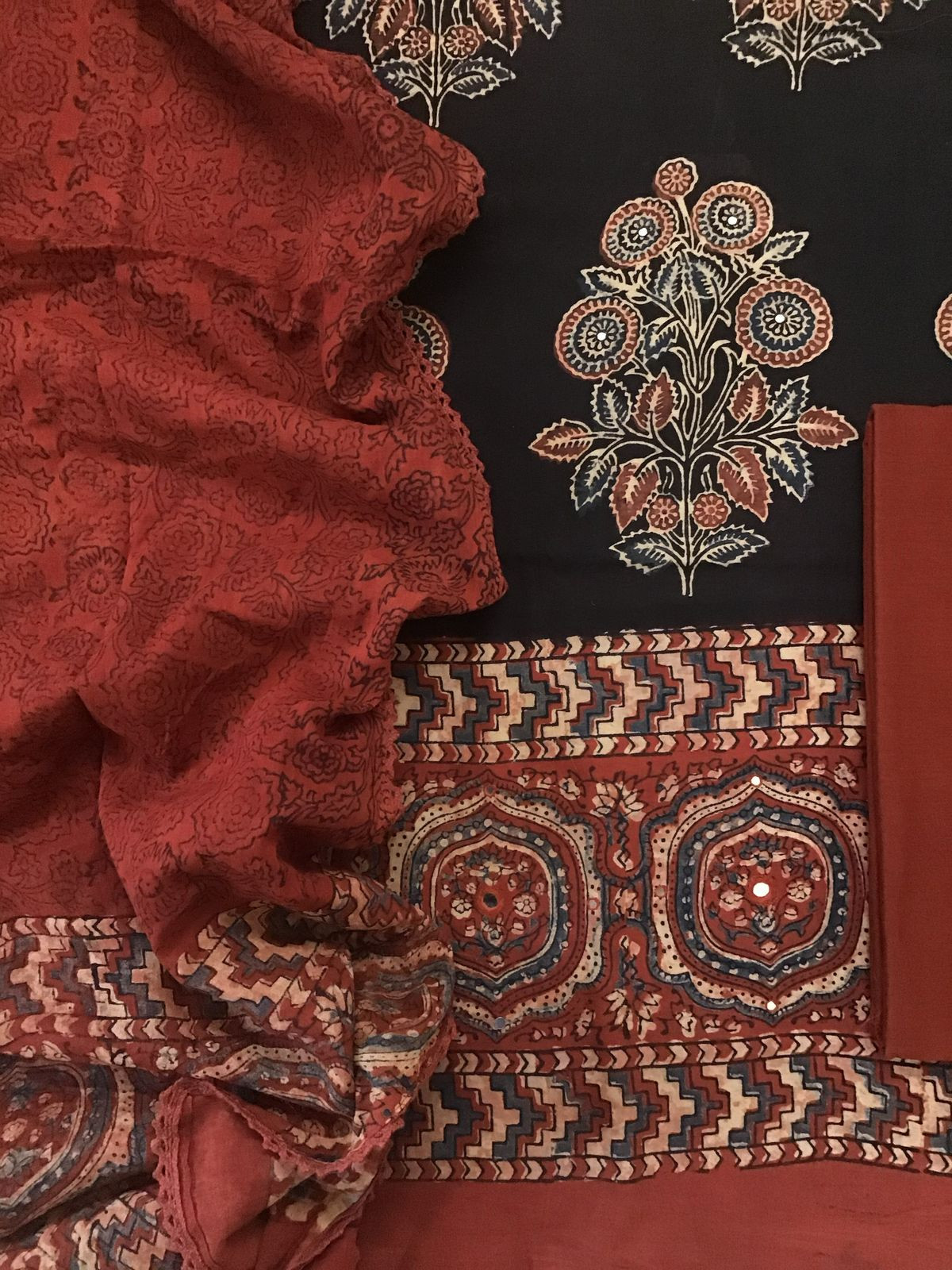 Pure Cotton Printed Embroidered Suit - Black