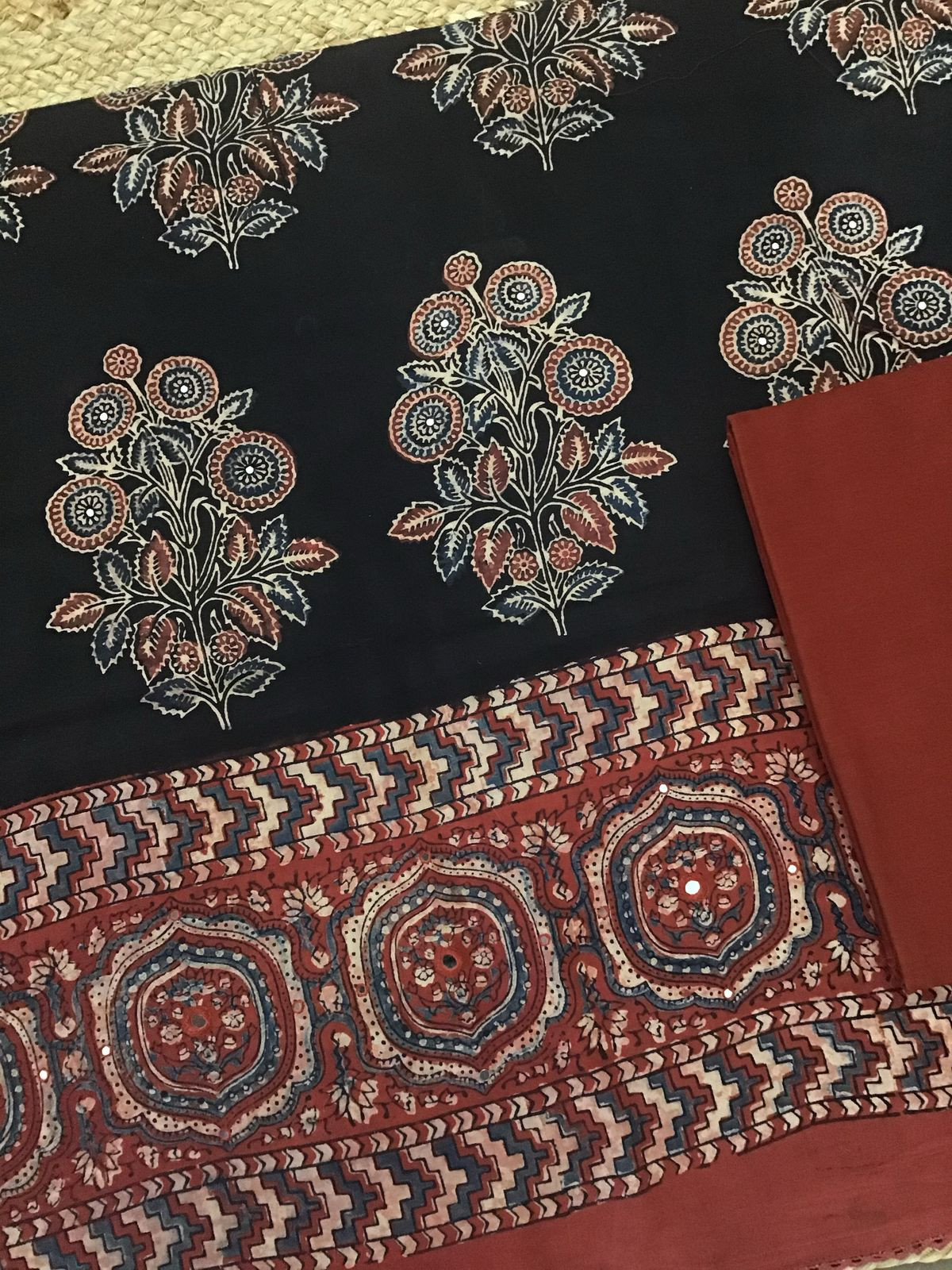 Pure Cotton Printed Embroidered Suit - Black