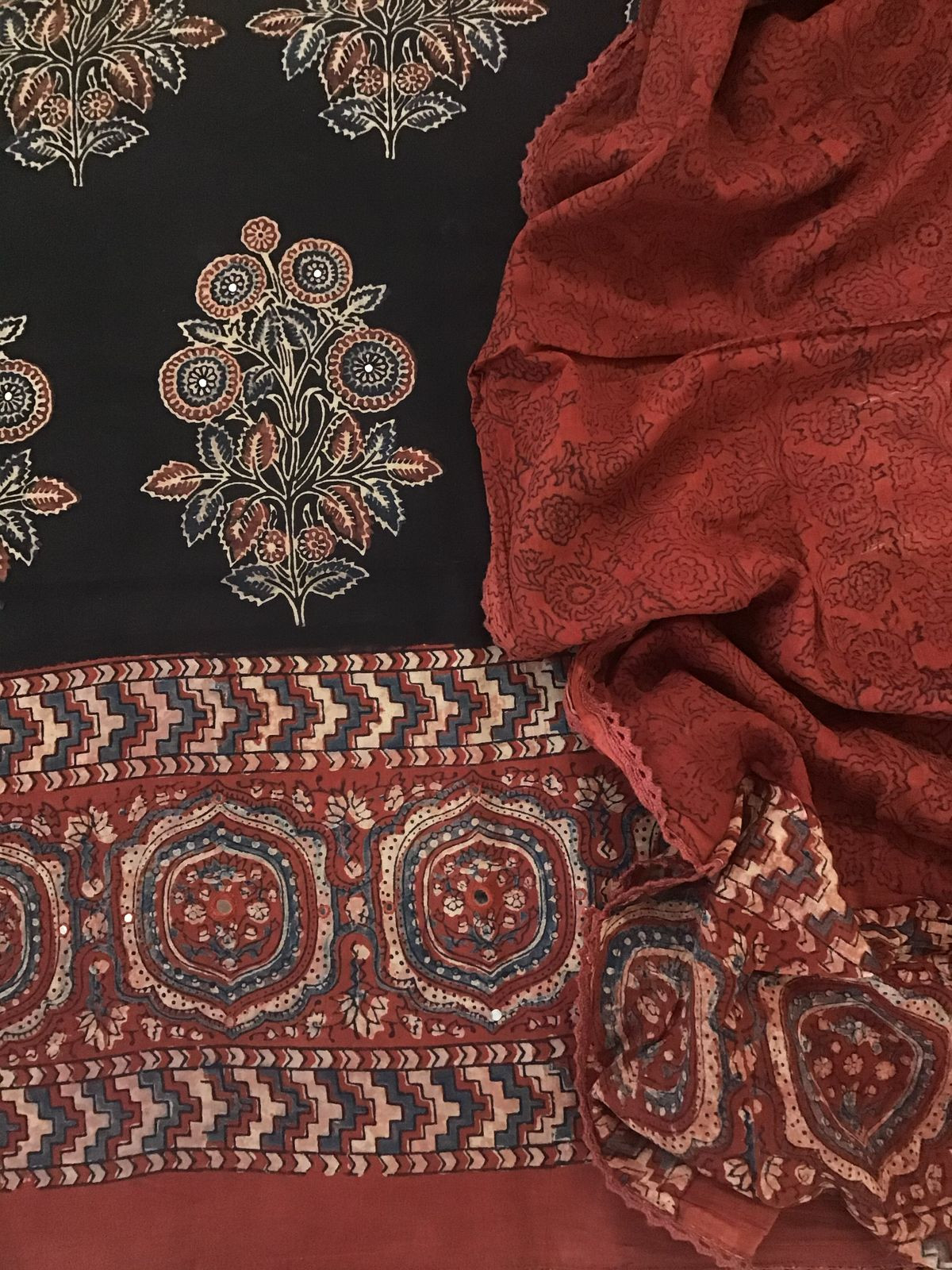 Pure Cotton Printed Embroidered Suit - Black