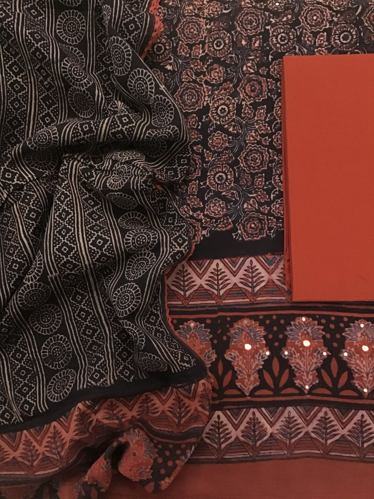 Pure Cotton Printed Embroidered Suit - Black