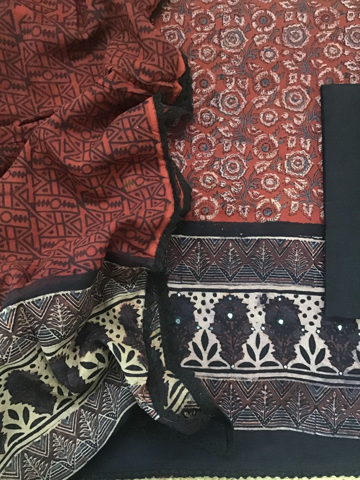 Pure Cotton Printed Embroidered Suit - Brick Red