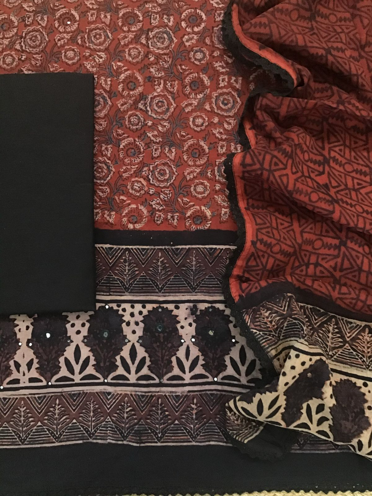 Pure Cotton Printed Embroidered Suit - Brick Red