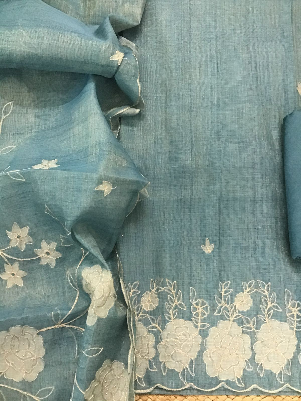 Soft Tissue Slub Cotton Self Weaved Embroidered Suit - Blue