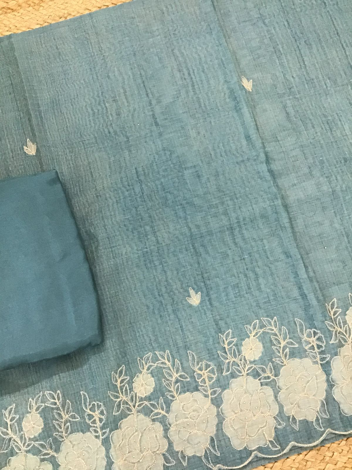 Soft Tissue Slub Cotton Self Weaved Embroidered Suit - Blue