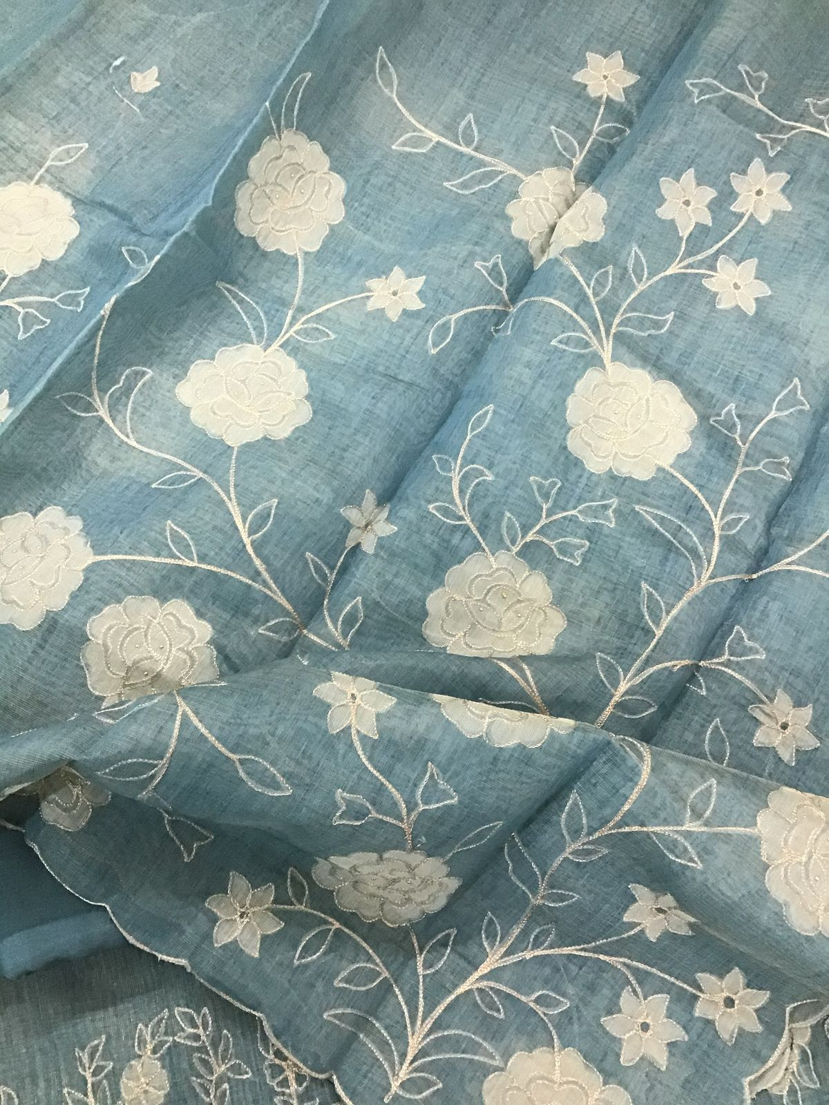 Soft Tissue Slub Cotton Self Weaved Embroidered Suit - Blue