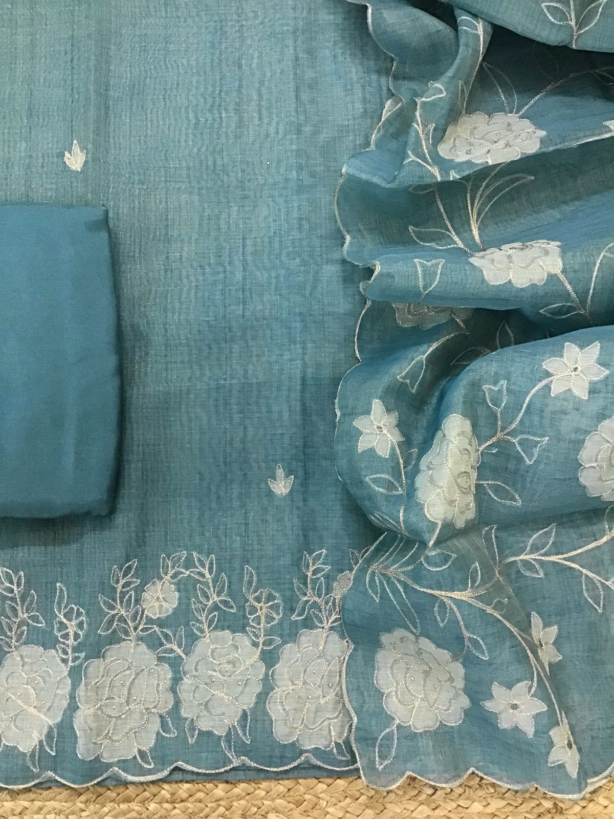 Soft Tissue Slub Cotton Self Weaved Embroidered Suit - Blue