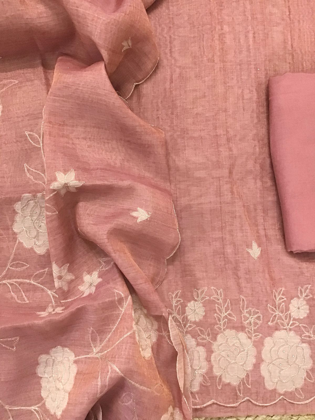 Soft Tissue Slub Cotton Self Weaved Embroidered Suit - Peach