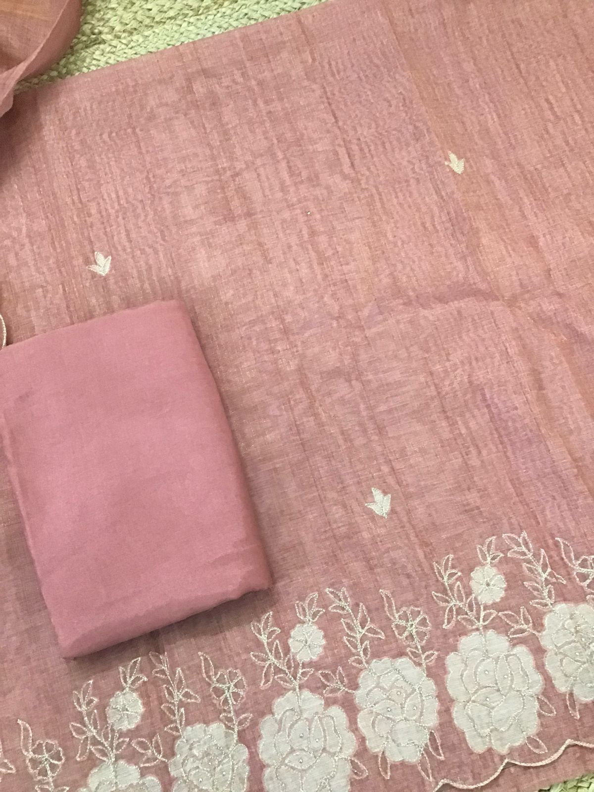 Soft Tissue Slub Cotton Self Weaved Embroidered Suit - Peach