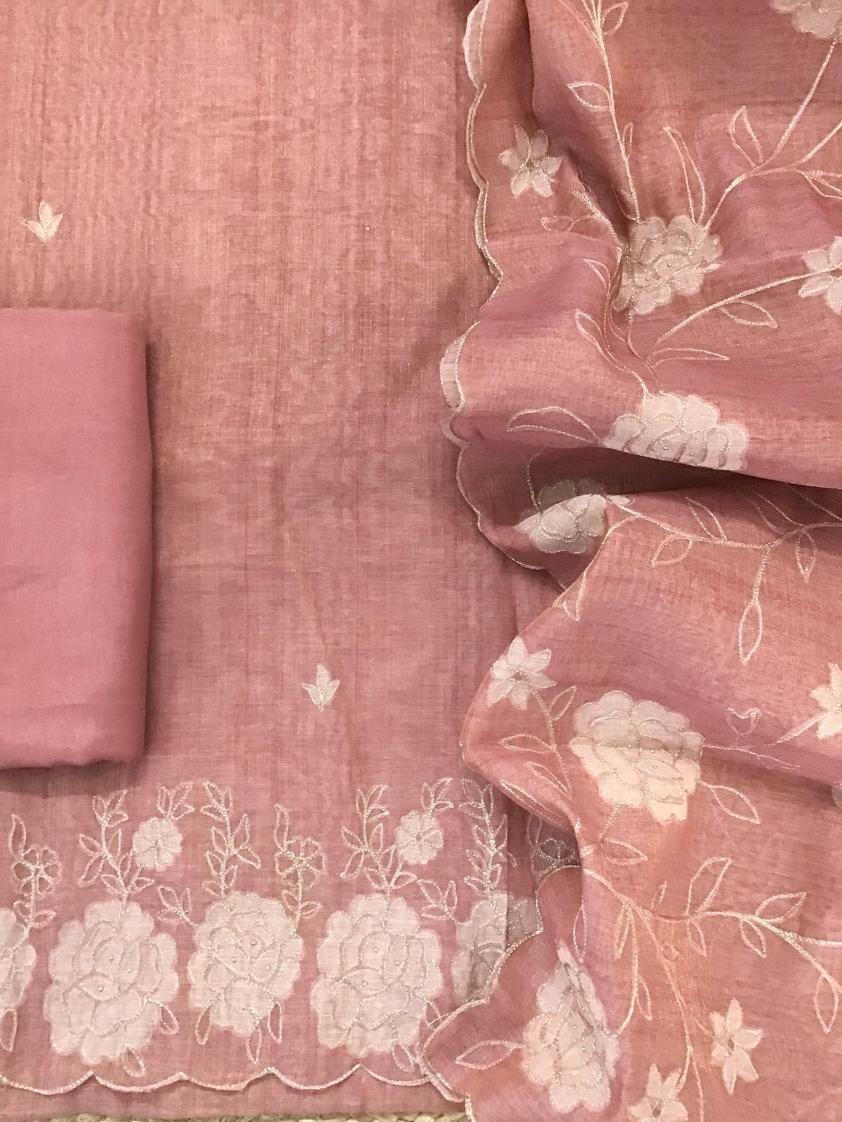 Soft Tissue Slub Cotton Self Weaved Embroidered Suit - Peach