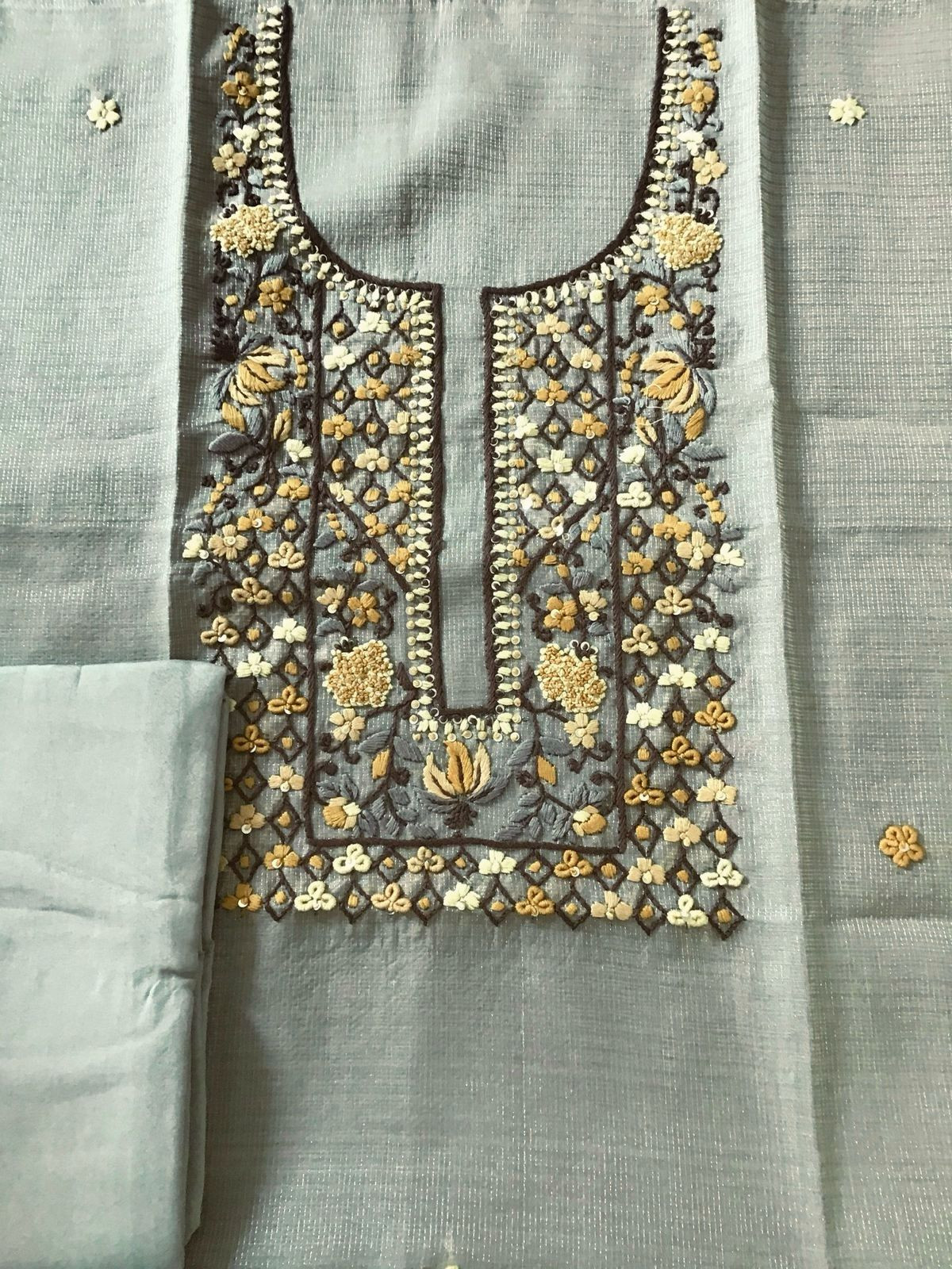 Soft Tissue Kota Silk Printed Embroidered Suit - Grey